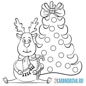 Раскраска новогодний олень и новогодняя елка