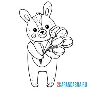 Раскраска зверек с букетом тюльпанов