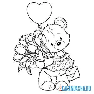 Раскраска мишка с подарком и цветами