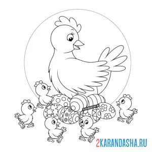 Раскраска мама курица и дети цыплята
