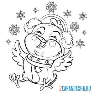 Раскраска цыпленок радуется снегу