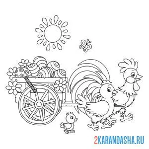 Раскраска петух с курицей и цыплятами на пасху