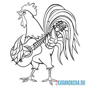Раскраска петух играет на гитаре
