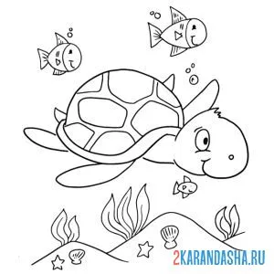Раскраска черепаха плавает с рыбками