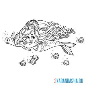 Раскраска русалка плавает с черепахой