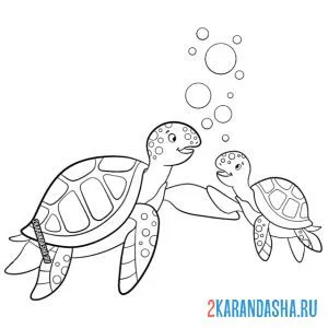 Раскраска черепахи мама и ребенок