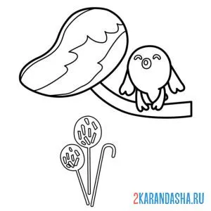 Раскраска птичка на дереве ми-ми-мишки