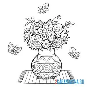Раскраска ваза с полевыми цветами и бабочки