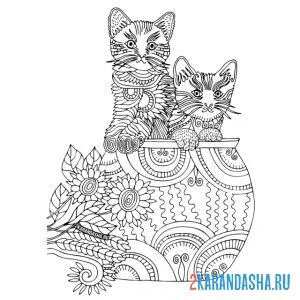 Раскраска ваза и котики в ней