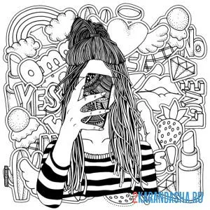 Раскраска девушка на коллаже