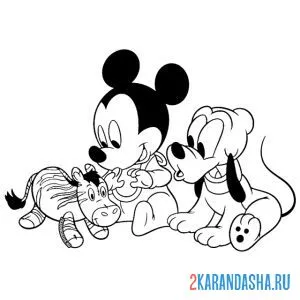 Раскраска малыш микки маус с маленьким плуто
