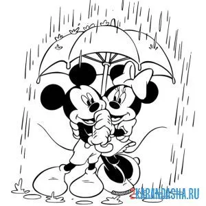 Раскраска микки и минни маус под зонтом