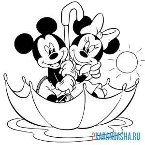 Раскраска микки и минни маус в зонтике