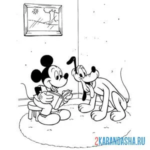 Раскраска микки маус играет с плуто