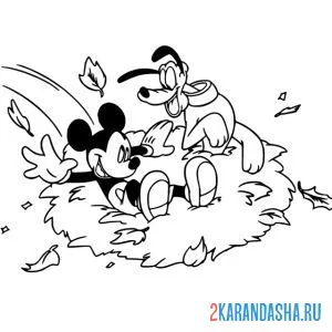Раскраска в листопаде микки маус и плуто