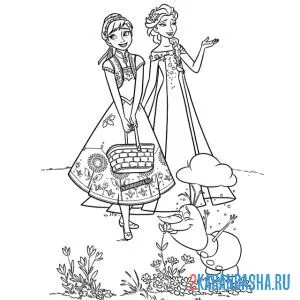 Раскраска анна, эльза и олаф собирают цветы