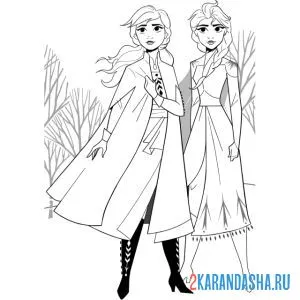 Раскраска анна и эльза в волшебном лесу