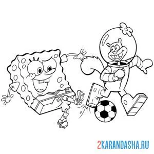 Раскраска губка боб и сэнди играют в футбол