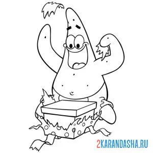 Раскраска патрик распаковывает подарок