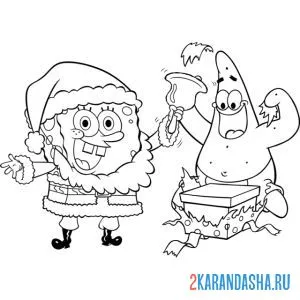 Раскраска губка боб и патрик празднуют рождество