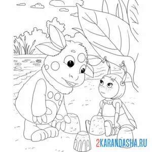 Раскраска лунтик с милой делают куличики