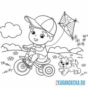 Раскраска мальчика едет на велосипеде