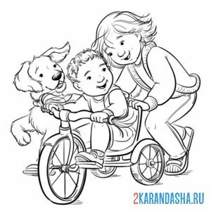 Раскраска сестра учит брата кататься на велосипеде