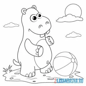 Раскраска бегемот с мячом