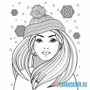 Раскраска девушка в зимней шапке
