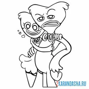 Раскраска кисси мисси и хагги вагги обнимаются