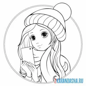 Раскраска селфи девушка в шапке