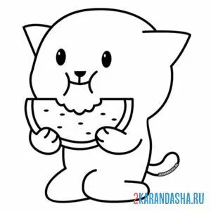 Раскраска кот ест арбуз