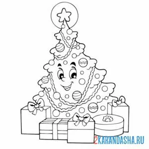 Раскраска новогодняя елка каваи