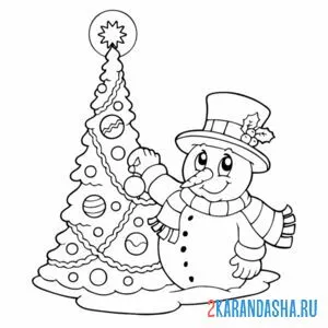 Раскраска новогодняя елка и снеговик