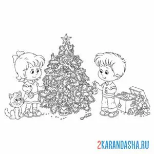 Раскраска детки рядом с новогодней елкой