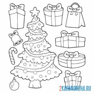 Раскраска новогодняя елка и подарки рядом