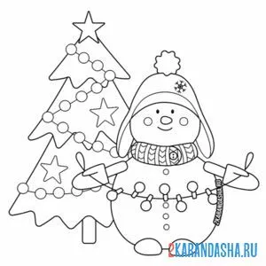 Раскраска новогодняя елка и смешной снеговик