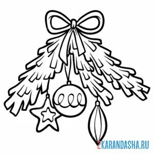 Раскраска новогодняя ветка елки и игрушки