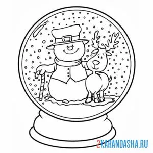 Раскраска снежный шар со снеговиком