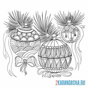 Раскраска новогодние шары на елке с лентами