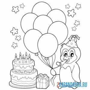 Раскраска пингвин с воздушными шариками