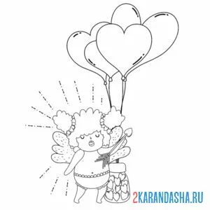 Раскраска ангел с воздушными шариками