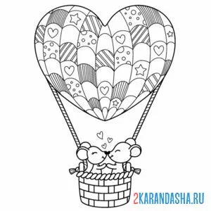 Раскраска воздушный шар с корзиной в форме сердца