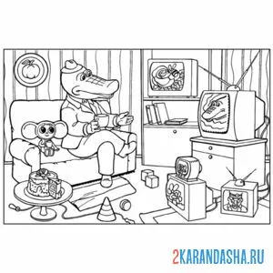Раскраска гена смотрит с чебурашкой тв