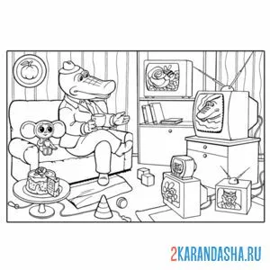 Раскраска чебурашка смотрит тв с геной