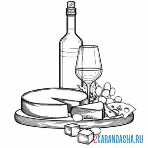 Раскраска натюрморт вино и сыр