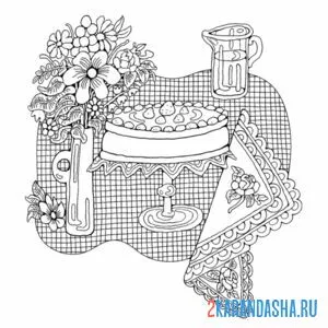 Раскраска торт с цветами