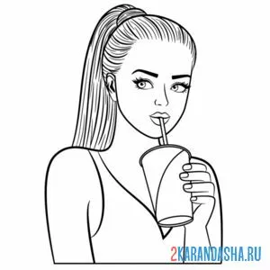 Раскраска девушка с хвостиком пьет сок