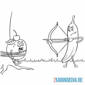 Раскраска банан лучник и яблоко