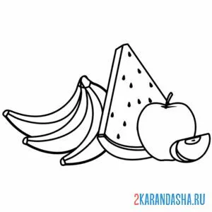 Раскраска банан, арбуз и яблоко
